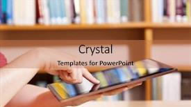  Presentation with library - Beautiful PPT theme featuring classroom technology - hand typing on tablet pc backdrop and a coral colored foreground