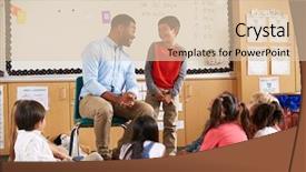  Presentation with elementary awards day - PPT layouts with classroom volunteer - schoolboy at front of elementary background and a  colored foreground