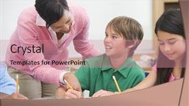  Presentation with pupil - Cool new PPT layouts with classroom working on written project backdrop and a coral colored foreground