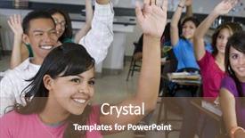  Presentation with students - Presentation theme featuring classroomstudent - group of happy students raising background and a coral colored foreground