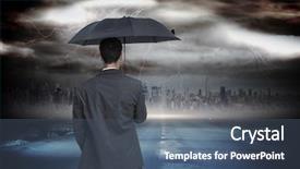  Presentation with tornado - Audience pleasing presentation design consisting of classy businessman holding grey umbrella backdrop and a ocean colored foreground