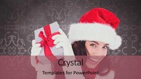  Presentation with santa claus holding scroll paper - Theme having classy merry christmas - happy brunette in santa hat background and a  colored foreground