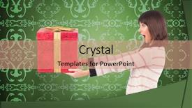  Presentation with gold red - Slide deck consisting of classy merry christmas - surprised brunette holding a gift background and a coral colored foreground