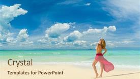  Presentation with classy - Slides having classy woman at the beach background and a  colored foreground