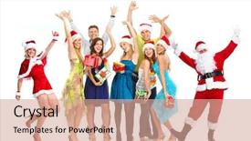  Presentation with community service happy volunteer group - Slide set consisting of claus and group of people background and a  colored foreground