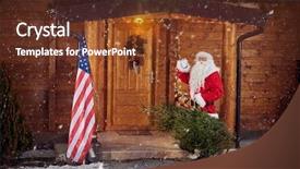  Presentation with santa claus and reindeers - Audience pleasing PPT theme consisting of claus front his wooden house backdrop and a tawny brown colored foreground