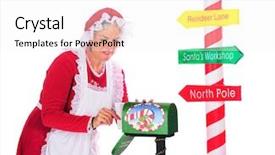  Presentation with peppermint candy cane on white - Colorful presentation enhanced with senior lady red hat - mrs claus getting mail backdrop and a white colored foreground