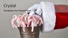  Presentation with candy canes - Cool new slide deck with claus hand holding a bucket backdrop and a light gray colored foreground