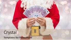  Presentation with christmas holidays - PPT theme with claus hands holding euro money background and a coral colored foreground