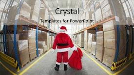  Presentation with distribution - PPT theme with claus in gifts distribution center background and a mint green colored foreground