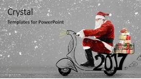  Presentation with new year - Cool new slide set with claus on scooter delivering christmas backdrop and a light gray colored foreground