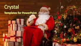  Presentation with santa claus and reindeers - PPT theme having claus sitting on rocking chair background and a tawny brown colored foreground