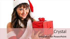  Presentation with santa claus holding scroll paper - PPT theme featuring claus woman holding a gift background and a coral colored foreground