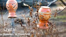 Presentation with clay - Presentation design featuring clay pitchers on the fence traditional ukrainian style background and a coral colored foreground
