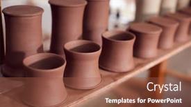  Presentation with waiting - Audience pleasing PPT theme consisting of clay-pots-on-shelf-waiting backdrop and a tawny brown colored foreground