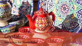  Presentation with central asia - Slides featuring clay tea pot - beautiful handmade ceramics of uzbekistan background and a red colored foreground