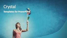  Presentation with windmill - Theme enhanced with clean air - happy young woman with windmill background and a teal colored foreground