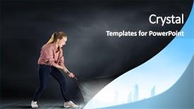  Presentation with change tech - Beautiful PPT theme featuring clean air - young woman pulling page backdrop and a dark gray colored foreground