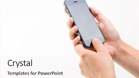  Presentation with retail smart phone - PPT theme enhanced with clean background - female hand holding a smart background and a sky blue colored foreground