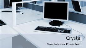  Presentation with computers - Theme consisting of clean desk - computers behind the glass background and a light blue colored foreground