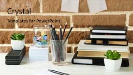  Presentation with workplace - Beautiful PPT layouts featuring clean desk - stylish workplace at home backdrop and a coral colored foreground