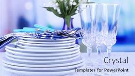  Presentation with clean - Audience pleasing slide set consisting of clean-dishes-on-wooden-table backdrop and a light blue colored foreground