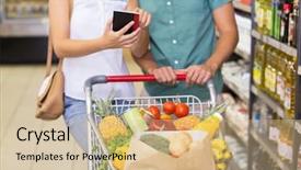  Presentation with products supermarket - Beautiful slide set featuring clean eating - smiling bright couple buying food backdrop and a soft green colored foreground