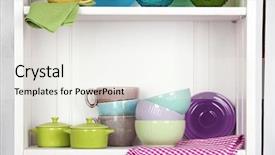  Presentation with cutlery - PPT theme featuring clean glasses plates and cutlery on shelf in kitchen cupboard background and a white colored foreground