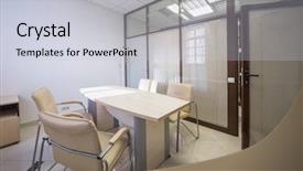  Presentation with board meeting room chairs - Theme enhanced with clean office - meeting room blinds closed background and a light gray colored foreground