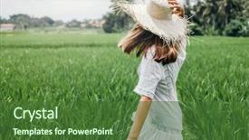  Presentation with rice field - Colorful PPT theme enhanced with discover - young girl walking in rice backdrop and a forest green colored foreground