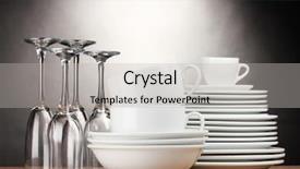  Presentation with clean - Cool new slide deck with clean plates glasses and cups on wooden table on grey background backdrop and a light gray colored foreground