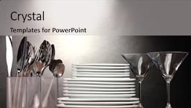  Presentation with cutlery - Cool new slide set with clean plates glasses and cutlery on wooden table on grey background backdrop and a light gray colored foreground