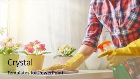  Presentation with room cleaning - Audience pleasing slide deck consisting of clean room - beautiful young woman makes cleaning backdrop and a coral colored foreground