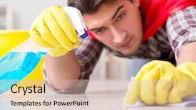  Presentation with super hero - PPT layouts with clean room - super hero husband cleaning floor background and a soft green colored foreground