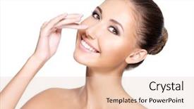  Presentation with pregnant woman cleaning - Colorful presentation design enhanced with clean skin touching her nose backdrop and a lemonade colored foreground