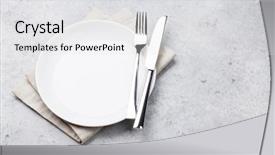  Presentation with empty of wood table top - Colorful PPT theme enhanced with clean slate - table setting empty plate knife backdrop and a  colored foreground
