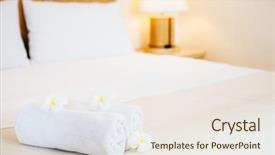  Presentation with hotel resort - Beautiful PPT theme featuring clean towels on bed in hotel with flowers white bedding welcome resort decor backdrop and a sky blue colored foreground