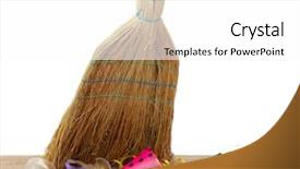  Presentation with party - Beautiful presentation theme featuring broom sweep the trash after a party on white background close-up backdrop and a white colored foreground