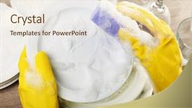  Presentation with hand washing - Slide set with female hand washing dish close background and a sky blue colored foreground