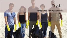  Presentation with community service happy volunteer group - Colorful presentation theme enhanced with group of volunteers tidying up rubbish on beach backdrop and a mint green colored foreground