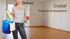  Presentation with room cleaning - Audience pleasing slides consisting of senior cleaning lady with cleaning backdrop and a mint green colored foreground