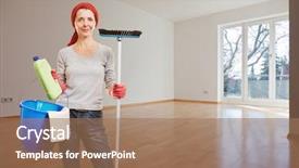  Presentation with room cleaning - Colorful slide set enhanced with senior woman with cleaning supplies backdrop and a coral colored foreground