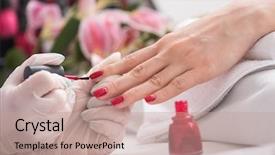  Presentation with nail salon - PPT theme featuring clean up files - woman hands receiving a manicure background and a coral colored foreground