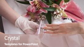 Presentation with nail salon - Beautiful PPT theme featuring clean up files - woman hands receiving a manicure backdrop and a coral colored foreground