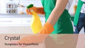 Presentation with cleaning - Slide deck enhanced with cleaner - young woman cleaning kitchen table background and a coral colored foreground