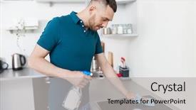  Presentation with people grief and mourning concept - Slides with cleaner and cloth wiping cooker background and a  colored foreground