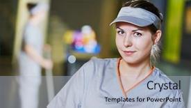  Presentation with portrait of excited overjoyed female - Audience pleasing PPT layouts consisting of cleaner in front of cleaning backdrop and a light blue colored foreground