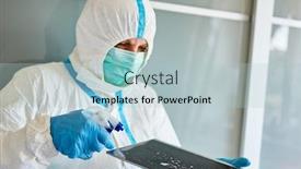  Presentation with coronavirus - PPT theme featuring cleaner-in-protective-clothing-disinfecting background and a light blue colored foreground