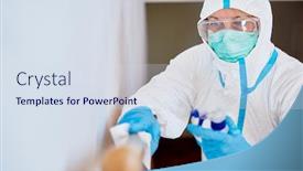  Presentation with covid coronavirus - Theme with cleaner-in-protective-clothing-disinfects background and a sky blue colored foreground