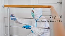  Presentation with nursing homes - Presentation design with cleaner-in-protective-clothing-disinfects background and a mint green colored foreground